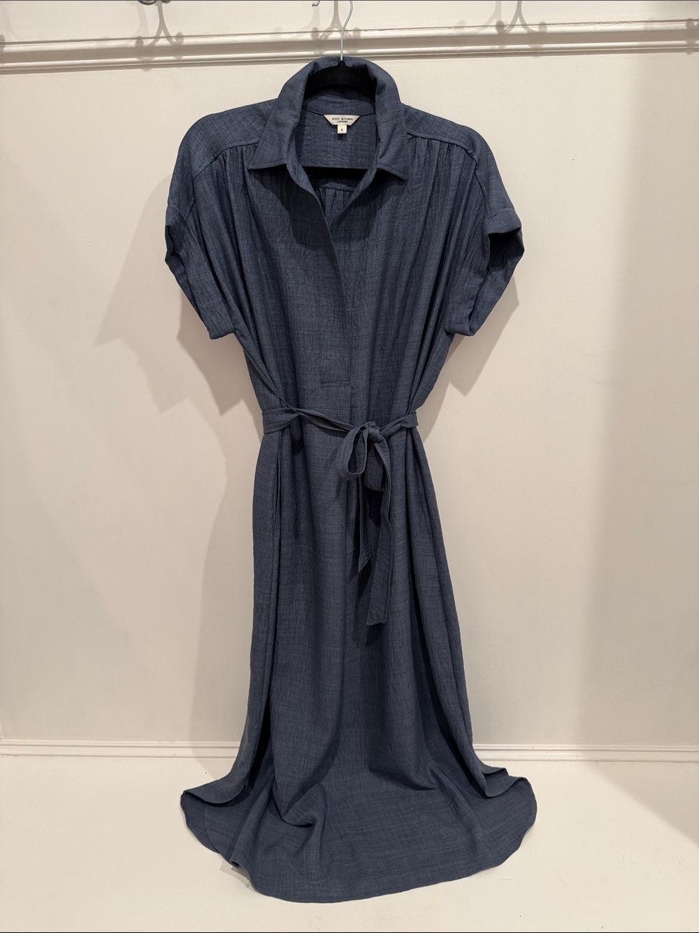 Max Studio Slate Blue Maxi Shirt Dress with Self-Tie Waist